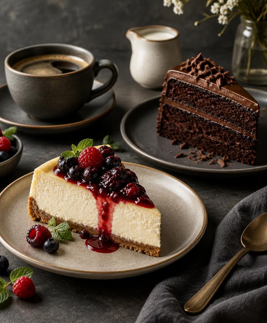 Vanilla cheesecake with berry topping beside a slice of chocolate cake and coffee