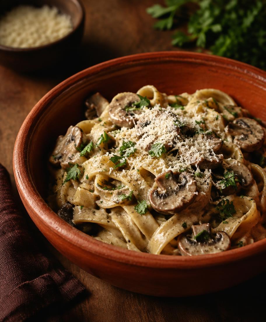 Creamy mushroom pasta with parmesan and herbs in a terracotta bowl