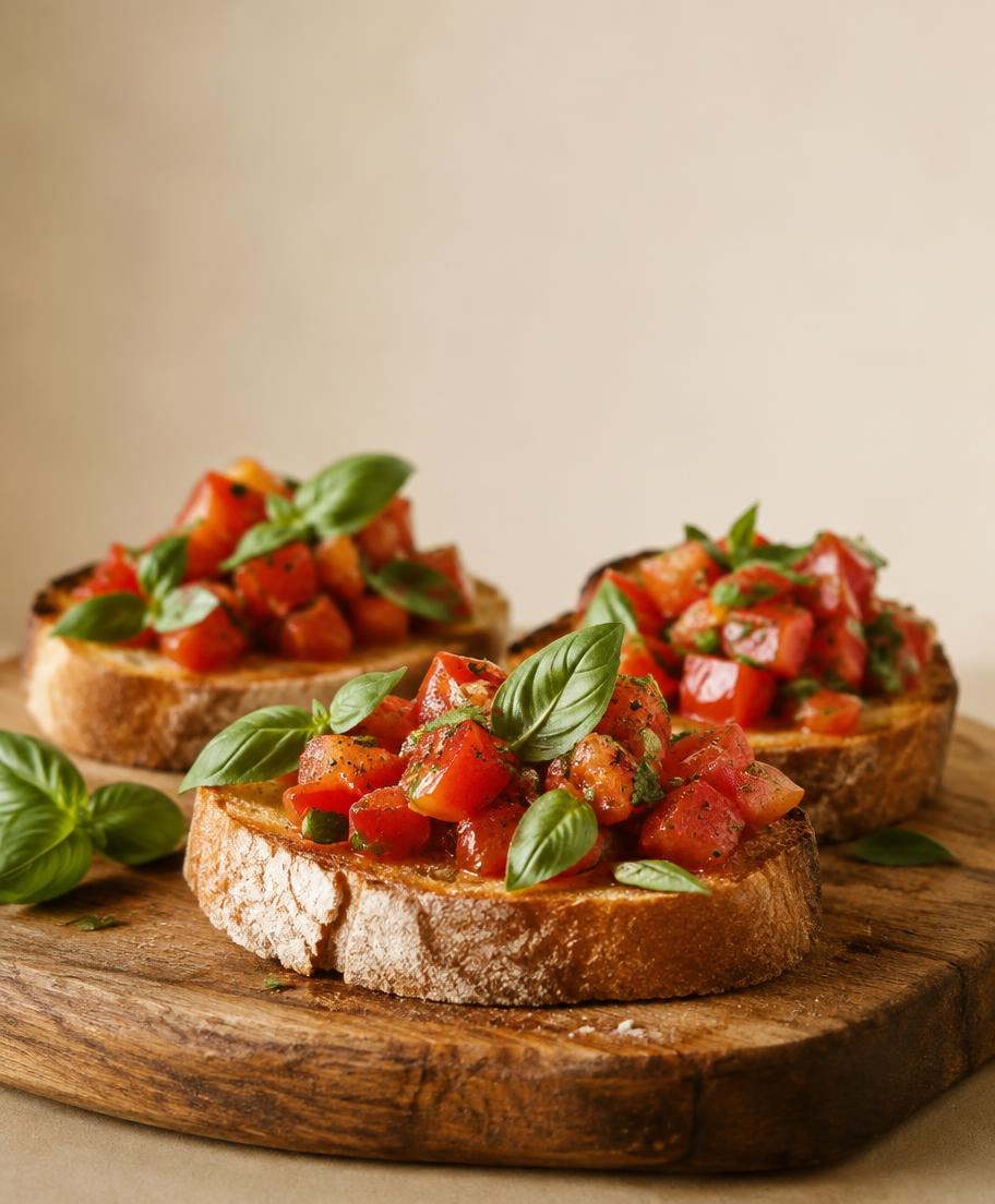 Tomato bruschetta topped with fresh basil on a wooden board